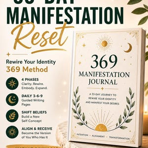 May include: A white 369 Manifestation Journal with gold accents and the text "33-Day Manifestation Reset." The journal promises to rewire identity and manifest desires. Includes a sun and moon design, and the words "Intention, Alignment, Transformation."