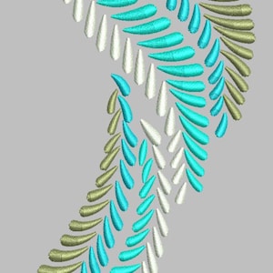 May include: An abstract design featuring a curved arrangement of embroidered leaf-like shapes. The design incorporates white, teal, and olive green colors, creating a visually appealing pattern. The embroidery is detailed, with each element clearly defined.