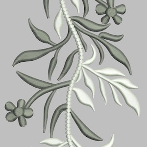 May include: Embroidered floral design with a central stem, leaves and flowers. The leaves and flowers are in shades of grey and white, creating a textured effect against a grey background. A decorative textile pattern.