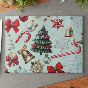 Festive Glass Cutting Board with Holiday Designs, Christmas Kitchen Decor, Seasonal Gift, Home Cooking Accessory, Holiday Entertaining