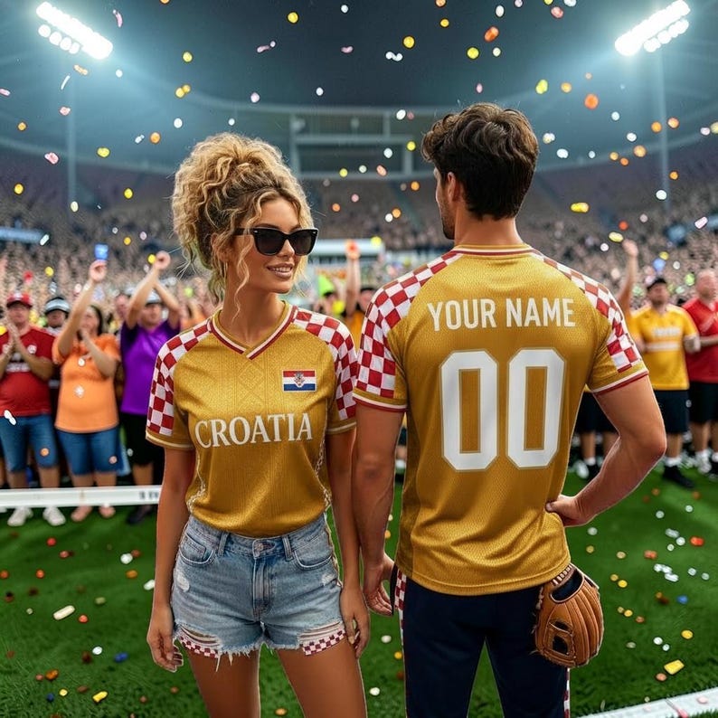 May include: Two gold soccer jerseys with red and white checkered sleeves. One jersey features the text CROATIA and a small flag on the chest. The other jersey displays the text YOUR NAME and the number 00 on the back. Both shirts have a V-neck collar.