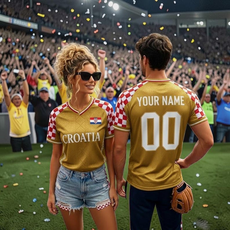 May include: A gold-colored jersey with red and white checkered sleeves, featuring the text 'CROATIA' on the front and 'YOUR NAME' with the number '00' on the back. The jersey includes a small Croatian flag emblem on the chest area.