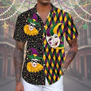 Mardi Gras Jester & Harlequin Shirt, Split Design Carnival Button Down, New Orleans Diamond Pattern Top, Fat Tuesday Parade Party Wear