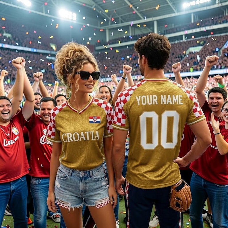 May include: A gold-colored jersey with a red and white checkered pattern on the sleeves and collar. The front features the text CROATIA and a small flag. The back displays the text YOUR NAME and the number 00 in large white lettering.