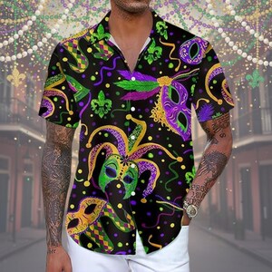 Mardi Gras Jester Shirt, Carnival Button Down, New Orleans Feather Mask Top, Fat Tuesday Parade Outfit, Vibrant Fleur De Lis Party Wear
