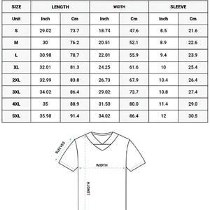 May include: A size chart for an all-over print football jersey featuring a table with columns for size, length, width, and sleeve measurements in both inches and centimeters, accompanied by a line drawing of a V-neck jersey with labels.