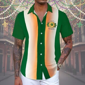 St. Patrick's Day Beer & Beard Shirt, Green Leprechaun Hat Button Down, Irish Party Drinking Outfit, Saint Paddy's Parade Gear for Men