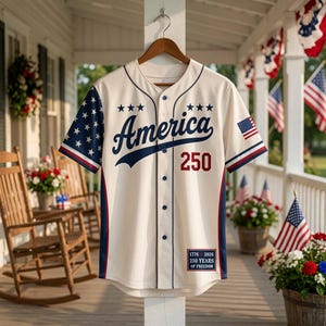 Personalized USA 250 Baseball Jersey, Custom Name America 250 Anniversary Shirt, Patriotic 1776-2026 Button Up Jersey