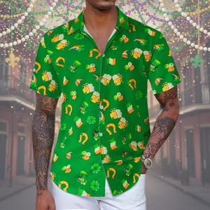 St. Patrick's Day Beer Shirt, Lucky Green Irish Button Down, Leprechaun Hat & Horseshoe Party Top, Saint Paddy's Day Parade Outfit for Men