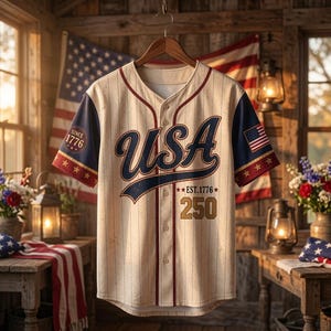 Puede incluir: Una camiseta de béisbol color crema con finas rayas verticales, que presenta el texto USA en letra cursiva azul grande en el pecho. Las mangas son azul marino con puños rojos y estrellas blancas. Incluye el texto EST. 1776 y el número 250.