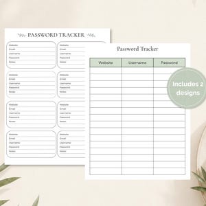 May include: Two white password tracker sheets with black text. The left sheet features eight rounded boxes for website, email, username, password, and notes. The right sheet is a table with columns for website, username, and password, labeled Includes 2 designs.