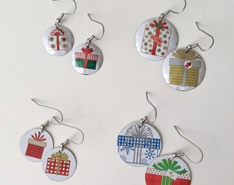 Little Gifts: Upcycled Cookie Tin Earrings Handmade Stainless Steel Earwires Christmas Presents Festive Holiday Cute Mismatched Asymmetrical