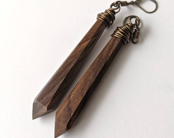 East Indian Rosewood Geometric Spike Statement Earrings: Modern Organic Design Stake Dangle Handformed One of a Kind Earrings