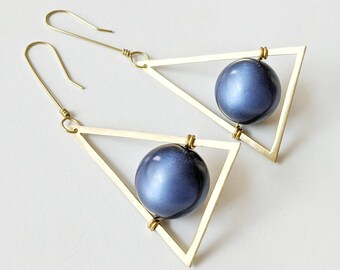 Vintage Moonglow Lucite x Raw Brass: Navy statement geometric earring