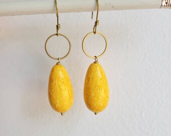 Vintage Lemon Drops: Textural Pops of Yellow on Open Hoops Dangle Earring Charming 50s formica vibes bold color clean design