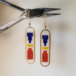 Primary Color Block Beaded Tapestry: beadweaving glass beads on brass handcrafted with brass earwires