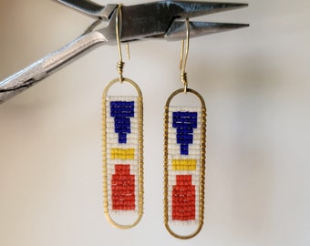 Primary Color Block Beaded Tapestry: beadweaving glass beads on brass handcrafted with brass earwires