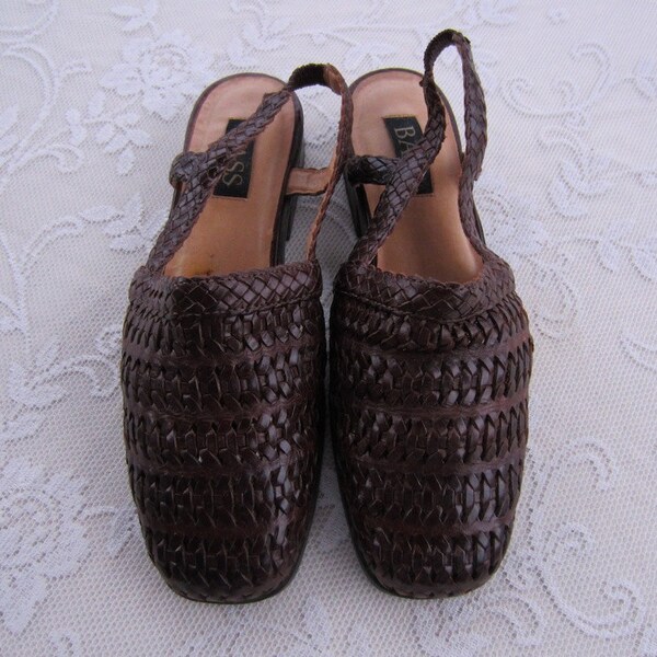 Vintage Brown Woven Leather Sling Back BASS Shoes, Women's Size 8M