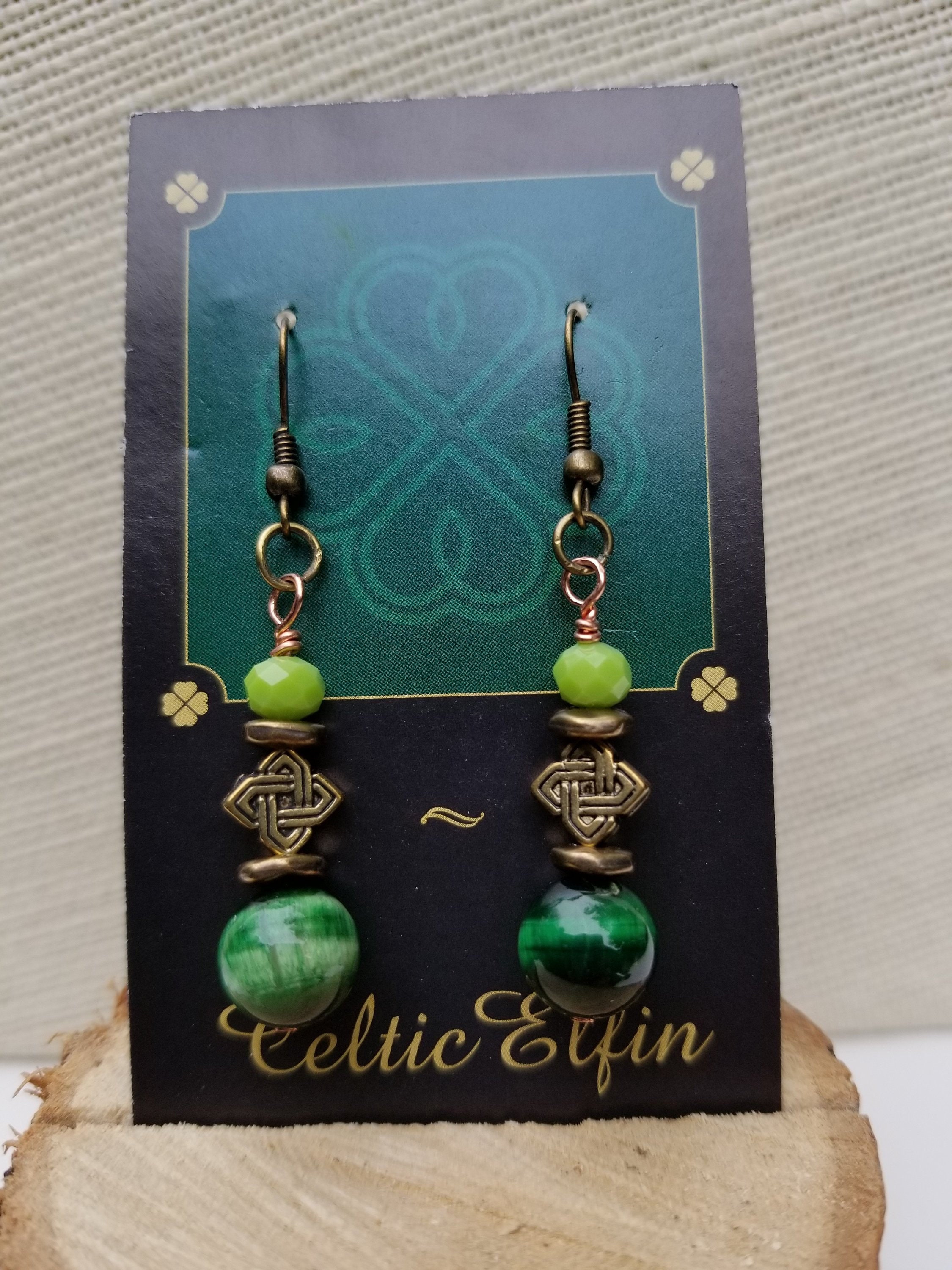 Dyed Green Tigereye Stone and Light Green Faceted Glass Bead Green Celtic Dangle Earrings With Gold Plated Celtic Knot Bead