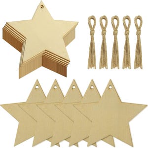 50 Pieces Natural Wooden Star Cutouts Unfinished Predrilled Wooden Star Embellishments with Natural Twine for Christmas, Party Decoration