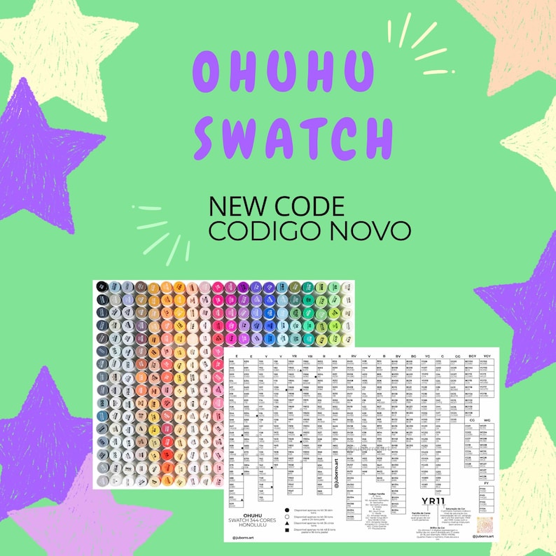 May include: A green background with the words "OHUHU SWATCH" in purple. Below, the text reads "NEW CODE CODIGO NOVO." The image features a color swatch chart and a corresponding color code chart, showcasing a variety of marker colors.