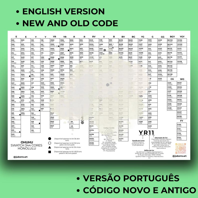 May include: A color chart for Ohuhu markers, featuring 344 colors, with English and Portuguese text. The chart includes color codes and names, organized in a grid format. The text "NEW AND OLD CODE" is visible.