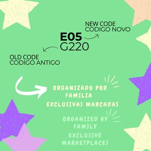 May include: A light green background with white, purple, and yellow star shapes. Text includes "OLD CODE", "NEW CODE", "ORGANIZED BY FAMILY", and "EXCLUSIVE MARKETPLACES". The code "E05 G220" is also displayed.