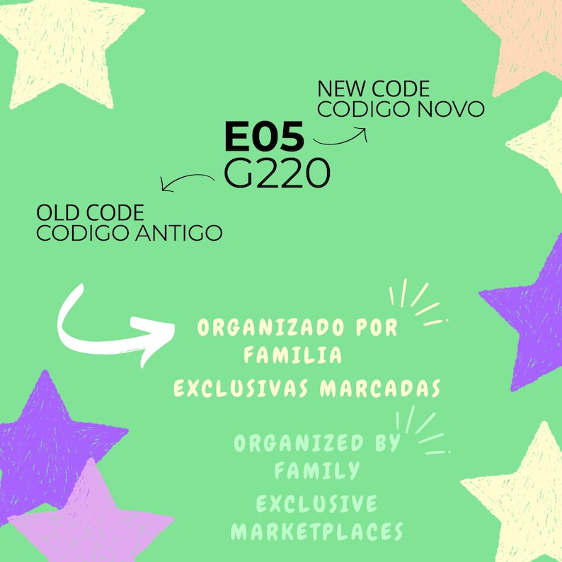 May include: A light green background with white, purple, and yellow star shapes. Text includes "OLD CODE", "NEW CODE", "ORGANIZED BY FAMILY", and "EXCLUSIVE MARKETPLACES". The code "E05 G220" is also displayed.