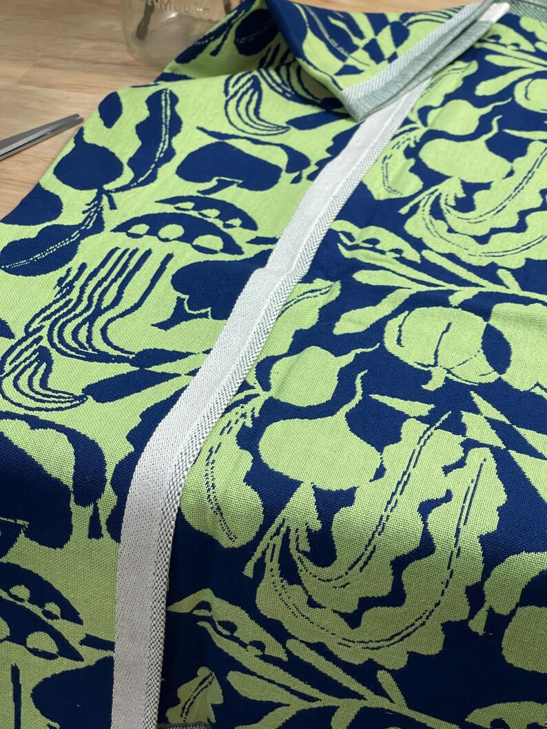 May include: Close-up of a fabric with a repeating pattern of blue and green organic shapes. A white woven trim runs along the edge. The fabric is likely used for home decor or apparel.