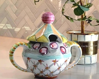 MacKenzie-Childs Taylor Ceramics “Odd Fellows” Lidded Sugar Bowl — Hand-Painted Majolica