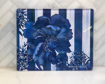 Royal English Garden Glass Cutting Board, Blue Floral Cheese Board -MKC