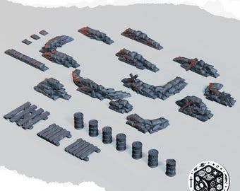 Sandbags and Barrels | WWI Grimdark Terrain Set | 32mm Wargaming Cover | Filament