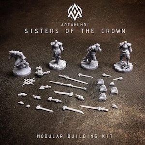May include: A collection of gray miniature figurines and weapons, including swords, axes, and helmets, arranged on a dark surface. The text "Arcamundi Sisters of the Crown" and "Modular Building Kit" are displayed.