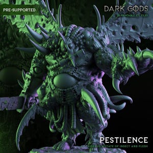 May include: A detailed 3D render of a grotesque creature, labeled "PESTILENCE." The figure is a mutated insect and flesh hybrid, with multiple horns, spikes, and large, unsettling eyes. The image has a dark, ominous color scheme with green highlights, and the text "DARK GODS" is visible.