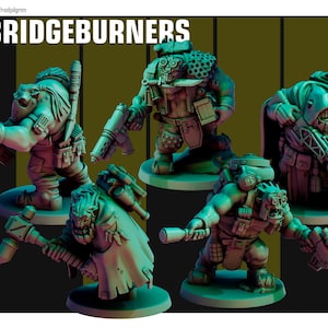 May include: Five detailed green miniature figures of the Bridgeburners, each posed with weapons and gear. The figures are on circular bases, with the text "THE BRIDGEBURNERS" at the top. The figures are in a dynamic pose.