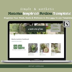 Könnte beinhalten: Ein Laptop-Bildschirm zeigt eine Matcha-Themenvorlage für Notion. Der Bildschirm zeigt ein Dashboard mit dem Text "Matcha Aesthetic Dashboard" und Bildern von Matcha-Getränken und Blumen. Der Text "Simple & Aesthetic" und "Matcha Inspired Notion Template" sind ebenfalls sichtbar.