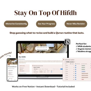 Brown Hifdh Planner Notion Template | Quran Revision Tracker, Juz Progress Tracker & Memorization System
