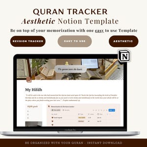 May include: Aesthetic Notion template for Quran memorization, displayed on a MacBook Pro. The screen shows a revision tracker and a section titled "My Hifdh." The text includes "Be organized with your Quran - Instant Download."