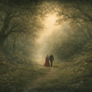 以下が含まれることがあります： デジタル絵画。森の中の小道を、手をつないで歩くカップル。女性は赤いドレスを着ており、男性は杖を持っています。柔らかい光に包まれ、ロマンチックで幻想的な雰囲気を作り出しています。