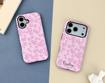 Funda rosa con forma de corazón pixelado y nombre para iPhone 17, 16, 15, 14, 13, 12, 11, X, XR, XS, SE, Pro Max, Plus, Mini. Funda resistente para iPhone. Ideal como regalo de Navidad.