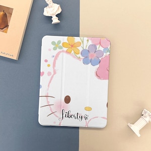 Kawaii Flower Kitty iPad Case iPad Cover with Pencil Holder for 2025 Air 7/6/5/4th 13" 11" iPad 11/10/9/8 Gen A16iPad Pro 12.9 inch Mini 6/7