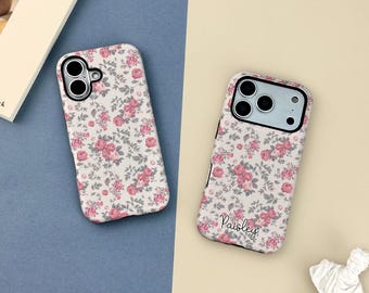 Pink Retro Floral Phone Case with Name for iPhone 17 16 15 14 13 12 11 X XR XS SE Pro Max Plus Mini, Tough iPhone Cover, Christmas Gifts