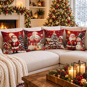 Julklappskuddar, set om 4, med röda jultomten-, snögubbe- och julgransmotiv, juldekorationer, 40x40, 40x40 eller 50x50 cm, inga inlägg