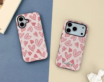 Funda de corazón rosa con nombre para iPhone 17, 16, 15, 14, 13, 12, 11, X, XR, XS, SE, Pro Max Plus Mini, resistente, regalo de Navidad