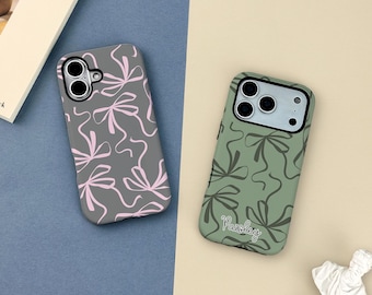 Minimalist Bow Phone Case, Personalized iPhone Case with Name, Aesthetic Art Bow Case, iPhone 17 16 15 14 Pro Max