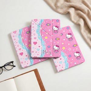 Cute Pixel Hello Kitty iPad Case with Pencil Holder Custom Name iPad Cover, Fits iPad Air 7/6 iPad Pro 11/13, iPad 11/10/9, iPad Mini 6/7
