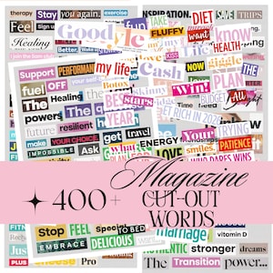 Puede incluir: Un collage de palabras recortadas de revistas en varias fuentes y colores, incluyendo palabras como "Feel", "Life", "Win" y "Delicious". La imagen también presenta el texto "Magazine Cut-Out Words" y "400+". Ideal para manualidades y journaling.