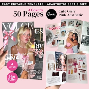 May include: A pink aesthetic template with the text "Easy Editable Template" and "Bestie Gift." The template includes magazine covers, a vision board, and pages with the text "50 Pages," "4 Covers," and "What's in her beauty bag."