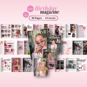 Könnte beinhalten: Eine Sammlung von rosa und weißen Geburtstagsmagazinen mit verschiedenen Covern und Innenseiten. Die Magazine zeigen Fotos, Text und die Worte "Birthday Magazine", "50 Pages" und "4 Covers". Die Magazine sind in einem femininen Stil gestaltet.