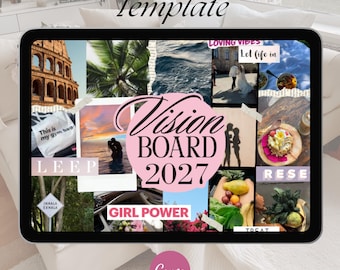May include: A digital vision board template displayed on a tablet screen featuring a collage of images including the Colosseum, palm trees, ocean waves, a wedding, food, and silhouettes. The text reads Vision BOARD 2027, This is my gym bag, LEEP, INHALA EXHALA, GIRL POWER, Loving vibes, Let life in, RESE, and TREAT.